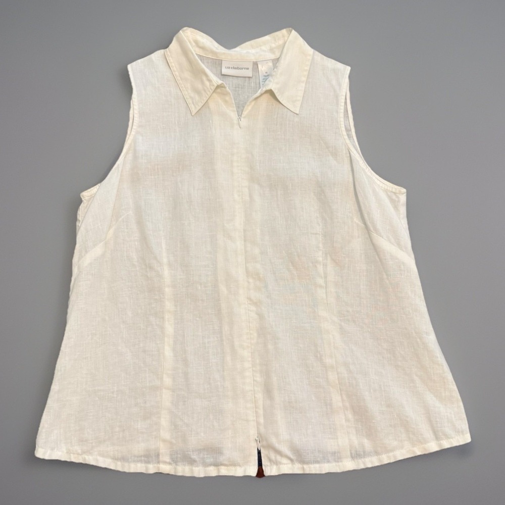 Liz Claiborne‎ Women's Sleeveless 100% Linen Blouse Size XL/16- Zip Up-Collared
